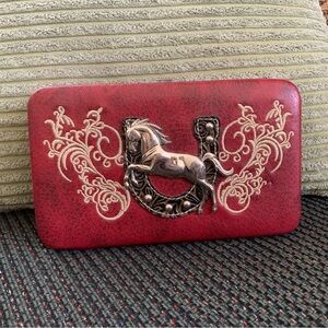 Horse Western Clutch Clasp Wallet, Hard case Hardshell Wallet, Cranberry Red